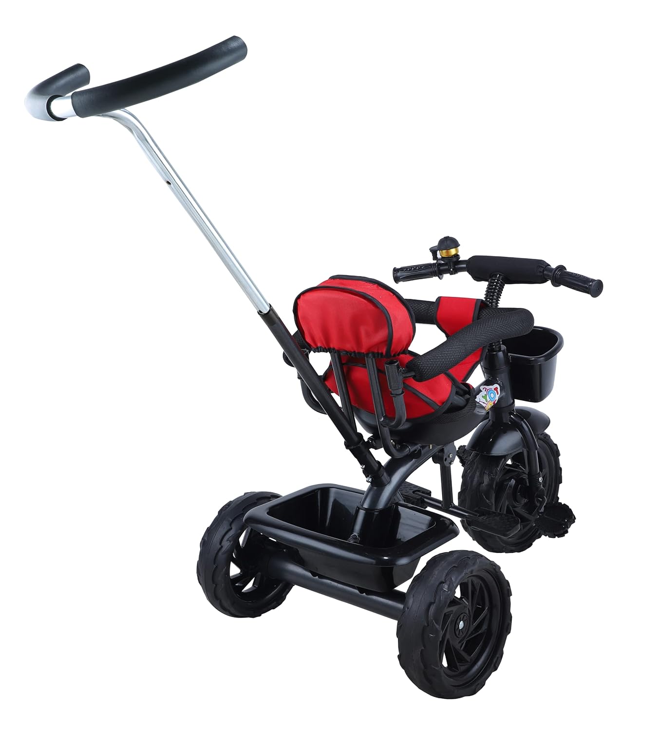 Toyzoy Maple Grand black and red baby trike for ages 2-5 years, with steerable push handle, safety bar, and front basket. www.usmile.toys